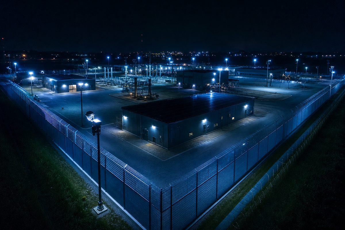 Secure facility aerial night view